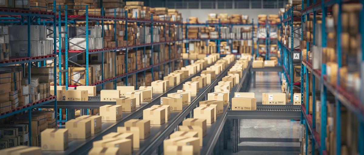 Organized warehouse shelves filled with inventory